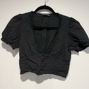 Black Puff Sleeve V-Neck Witchy Crop Blouse